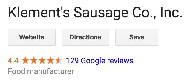 Klements Sausage Google review