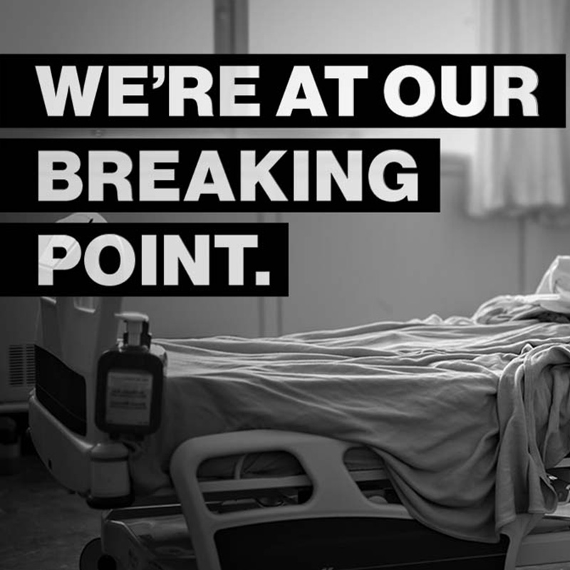 Socal graphic from Community Health Network that says We’re at our breaking point featuring an empty hospital bed encouraging Hoosiers to get their dose of the COVID-19 vaccine.
