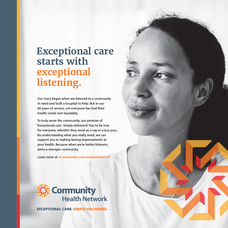 Socal graphic from Community Health Network that says Exceptional care starts with exceptional listening. A woman looks left off-screen.