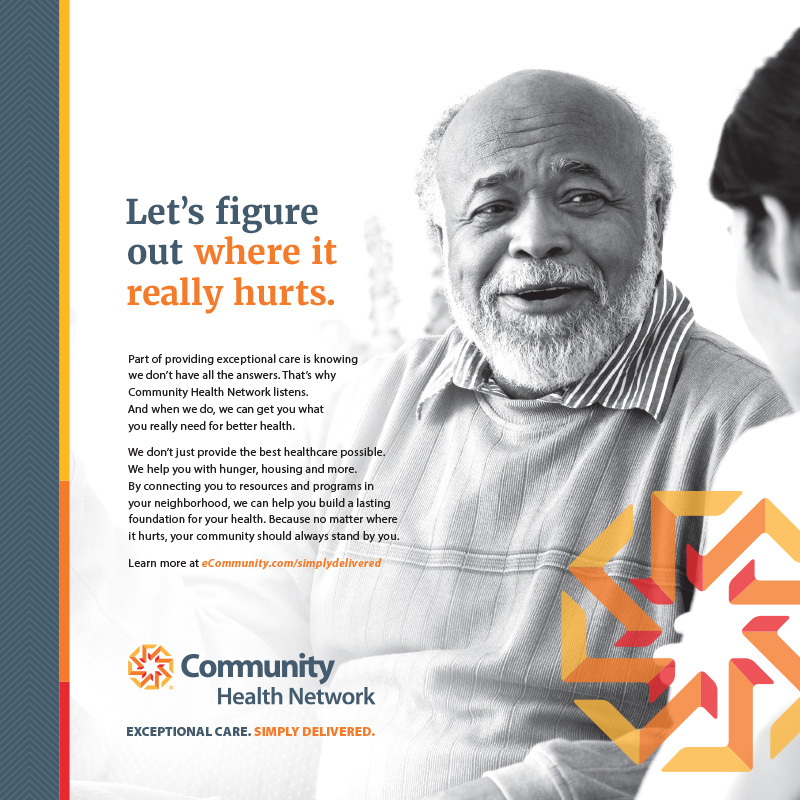 Socal graphic from Community Health Network that says Let’s figure out where it really hurts. A man speaks to a caregiver.