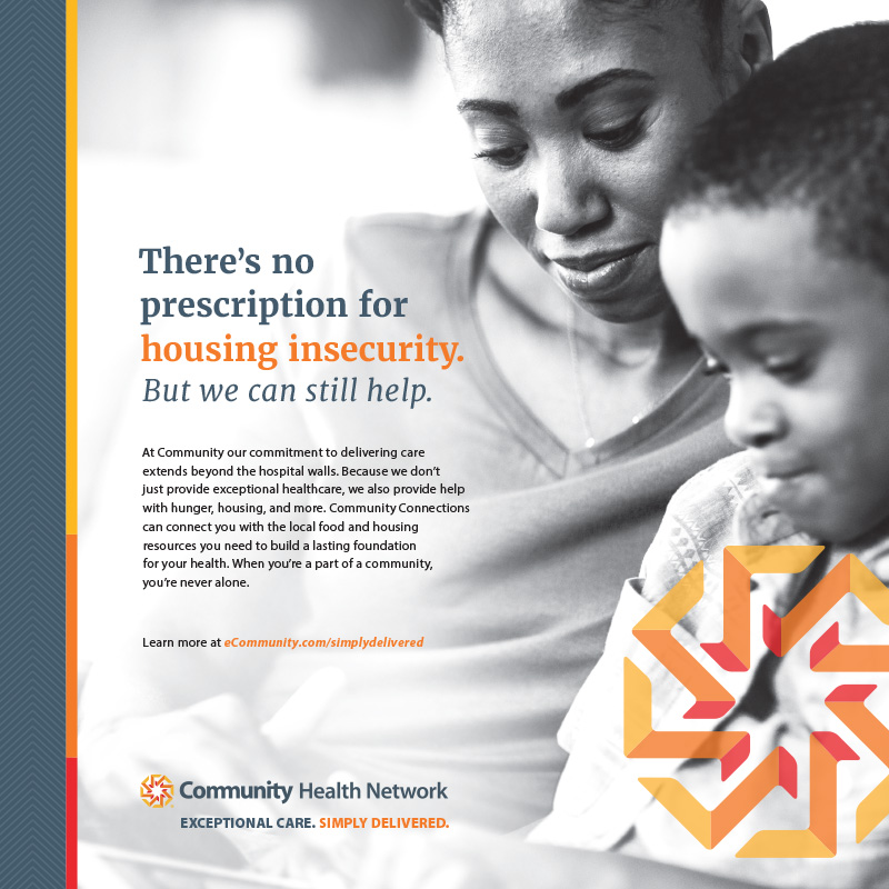 Socal graphic from Community Health Network that says There’s no prescription for housing insecurity. But we can still help. A woman and a child read together.