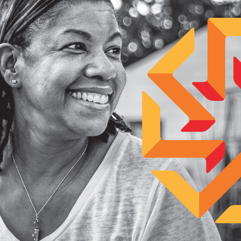 Socal graphic from Community Health Network featuring a woman smiling at something off camera and the logo.