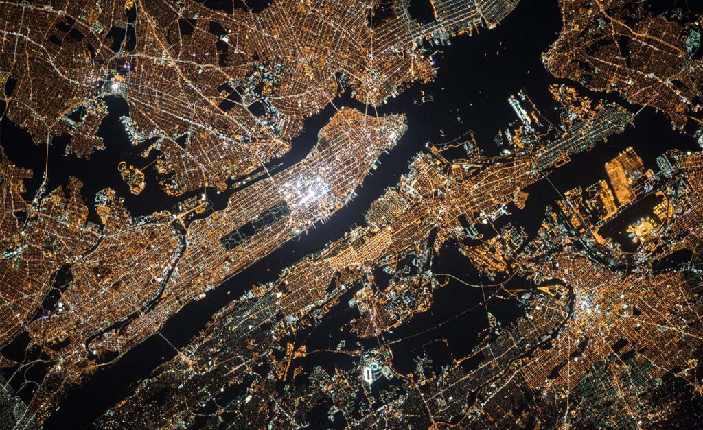 Arial photo of a city at night
