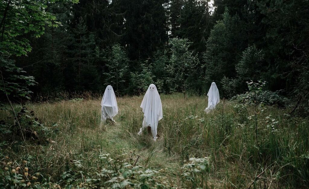 3 people in a forest with sheets over themselves pretending to be ghosts