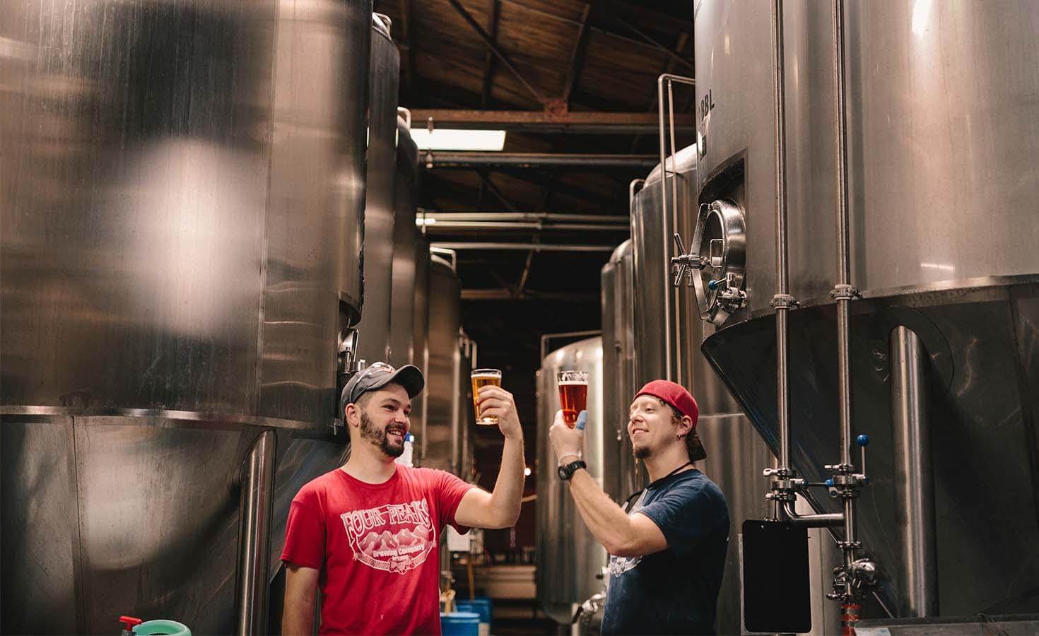 Two brewery workers in a brewery examining their beer