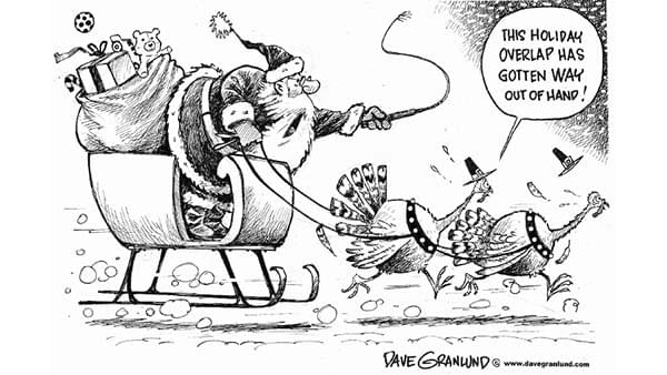 Cartoon of Santa being pulled in a sled by turkeys dressed for Thanksgiving