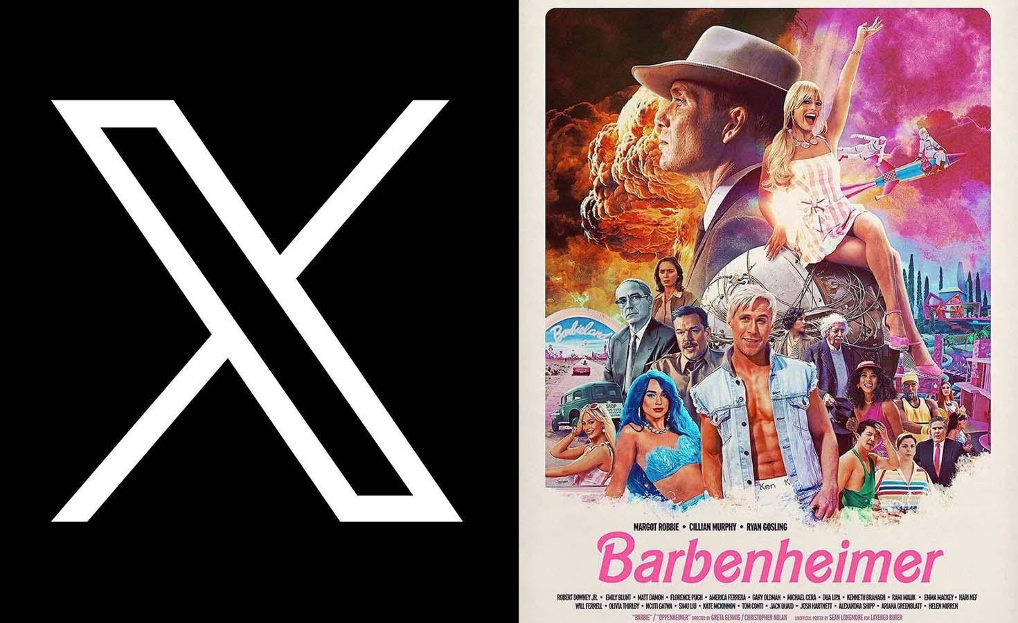 X (Twitter) logo and poster of "Barbenheimer"