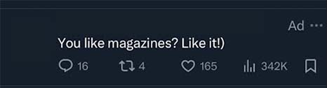 Screenshot of a Tweet reading: "You like magazines? Like it!)"