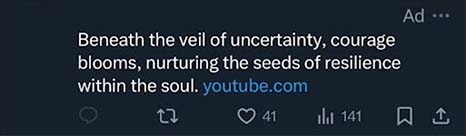 Screeshot of a Tweet reading: "Beneath the veil of uncertainty, courage blooms, nurturing the seeds of resilience within the soul. youtube.com"