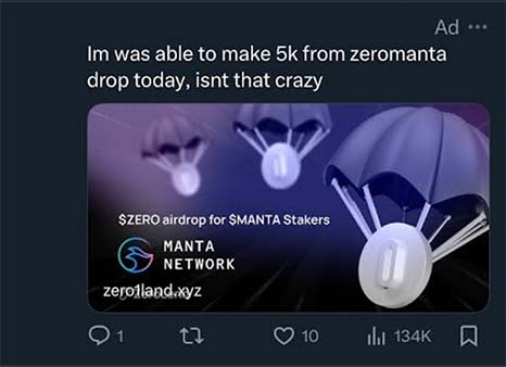 Screenshot of a Tweet reading: "Im was able to make 5k from zeromanta drop today, isnt that crazy"